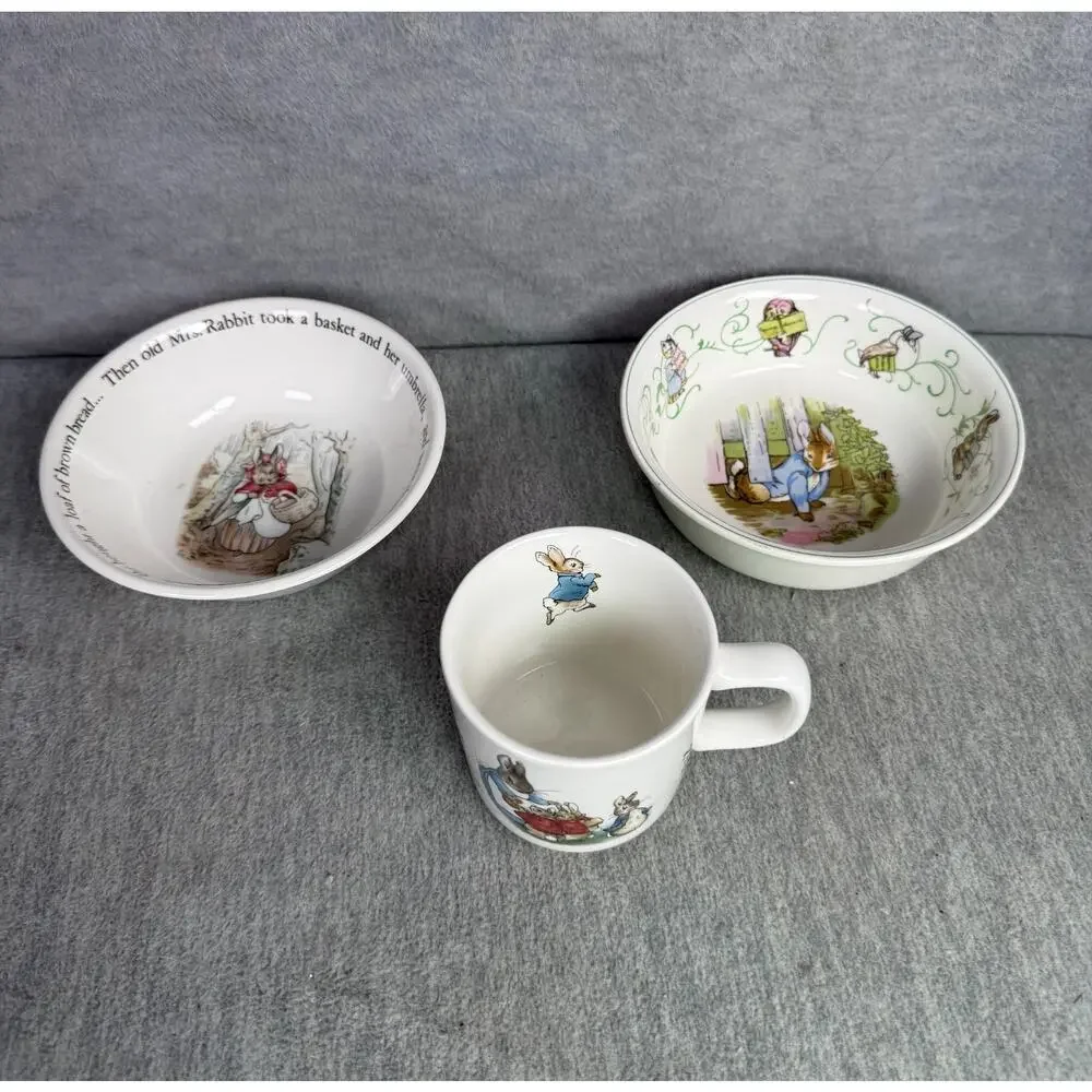 Wedgwood Peter Rabbit 3 Pc Childs Dish Set 2 Bowls Mug Beatrix Potter England